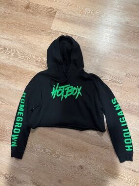 Hotbox Black Crop Hoodie with Green Logo and Sleeve Graphics